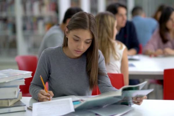 CURSO EXTENSIVO DE REDAÇÃO E GRAMÁTICA Focused female young student at the library reading books and taking notes with a pencil on her notebook